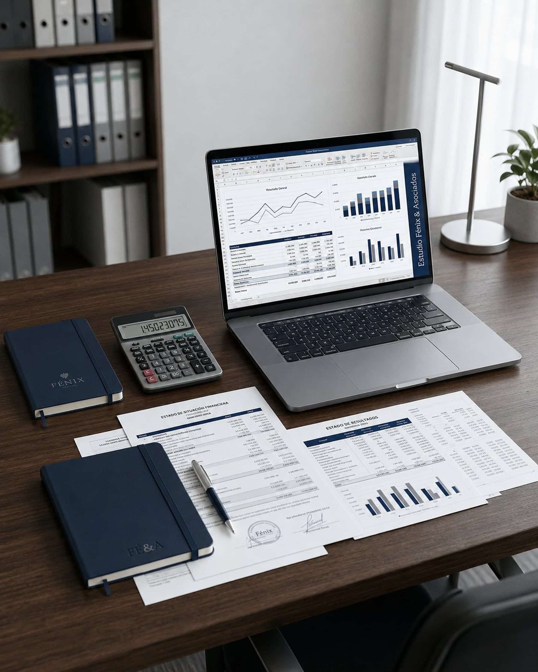 Escritorio del Estudio Fénix: laptop con estados contables, calculadora y documentos